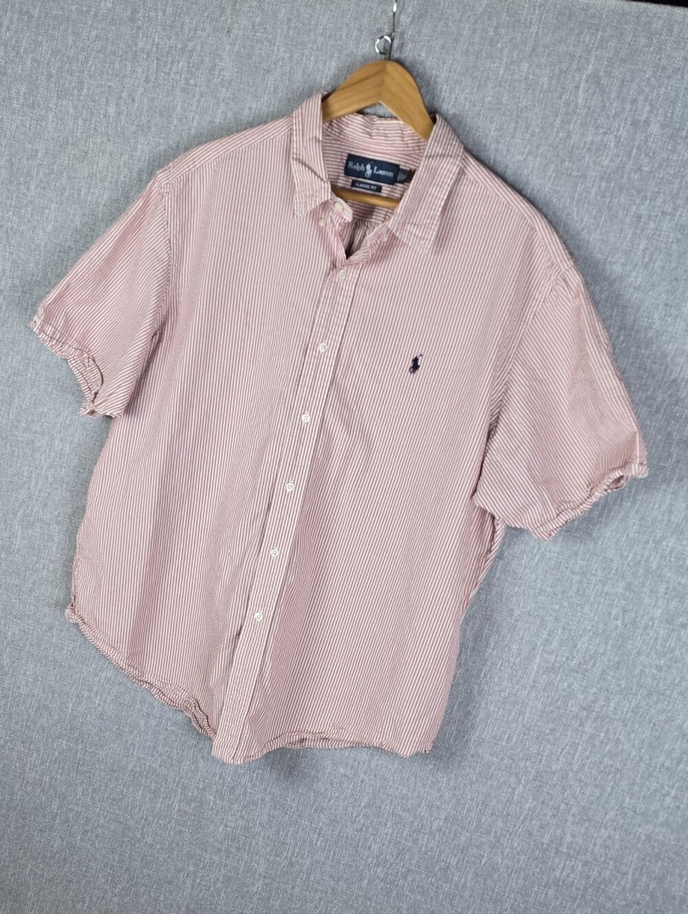 Vtg Ralph Lauren Seersucker Short Sleeve Button Front Shirt Red/White Mens XXL